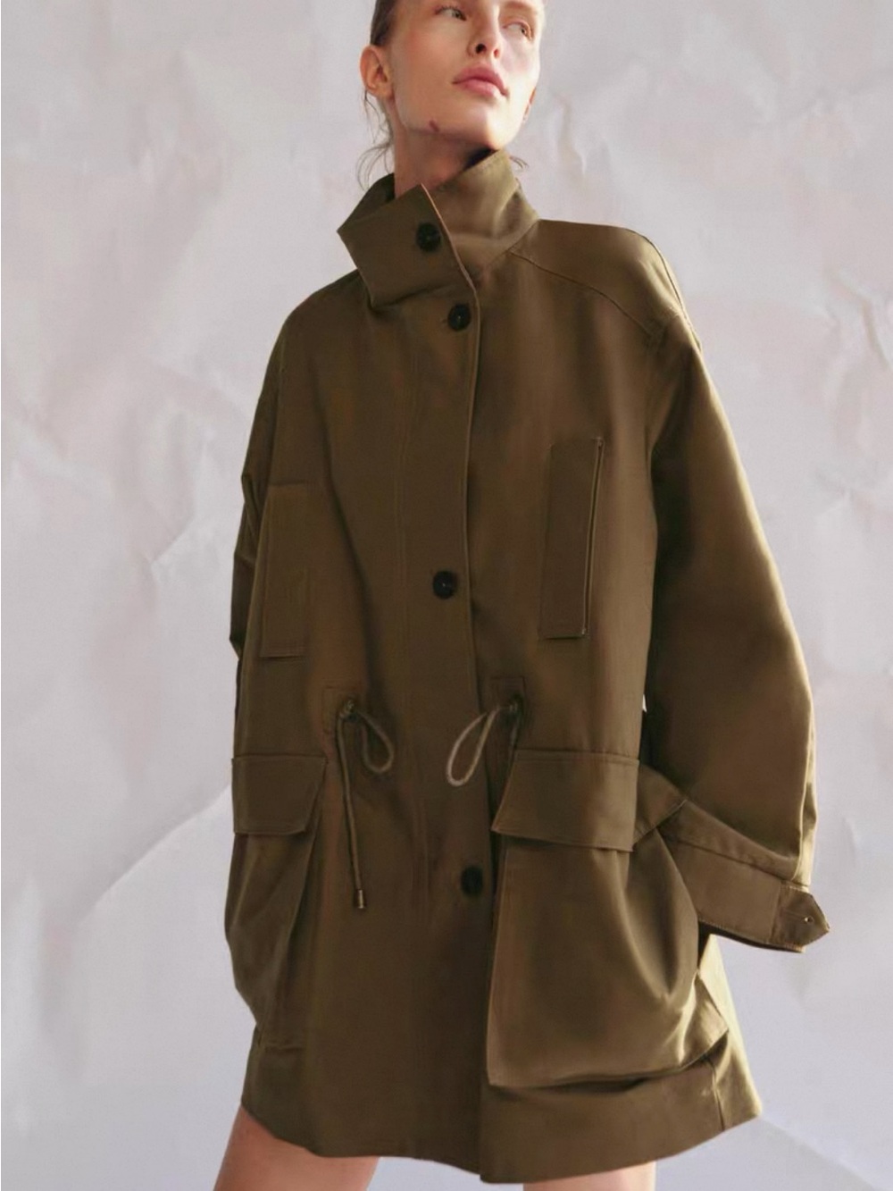 Zara Olive Utility Jacket with High Collar